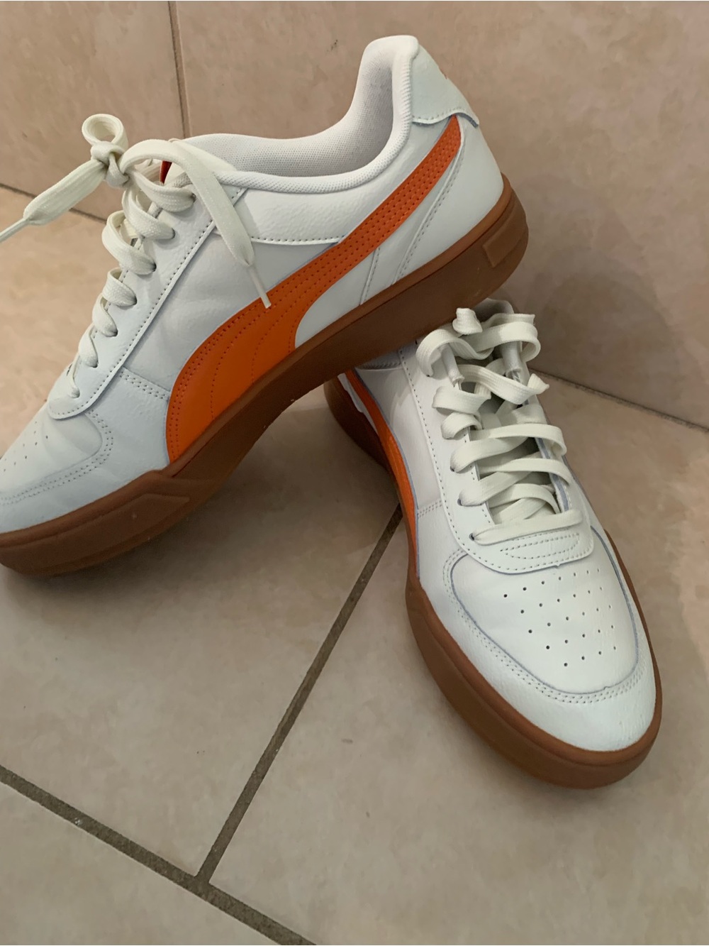 Puma White Sneakers with Orange Stripe and Gum Sole